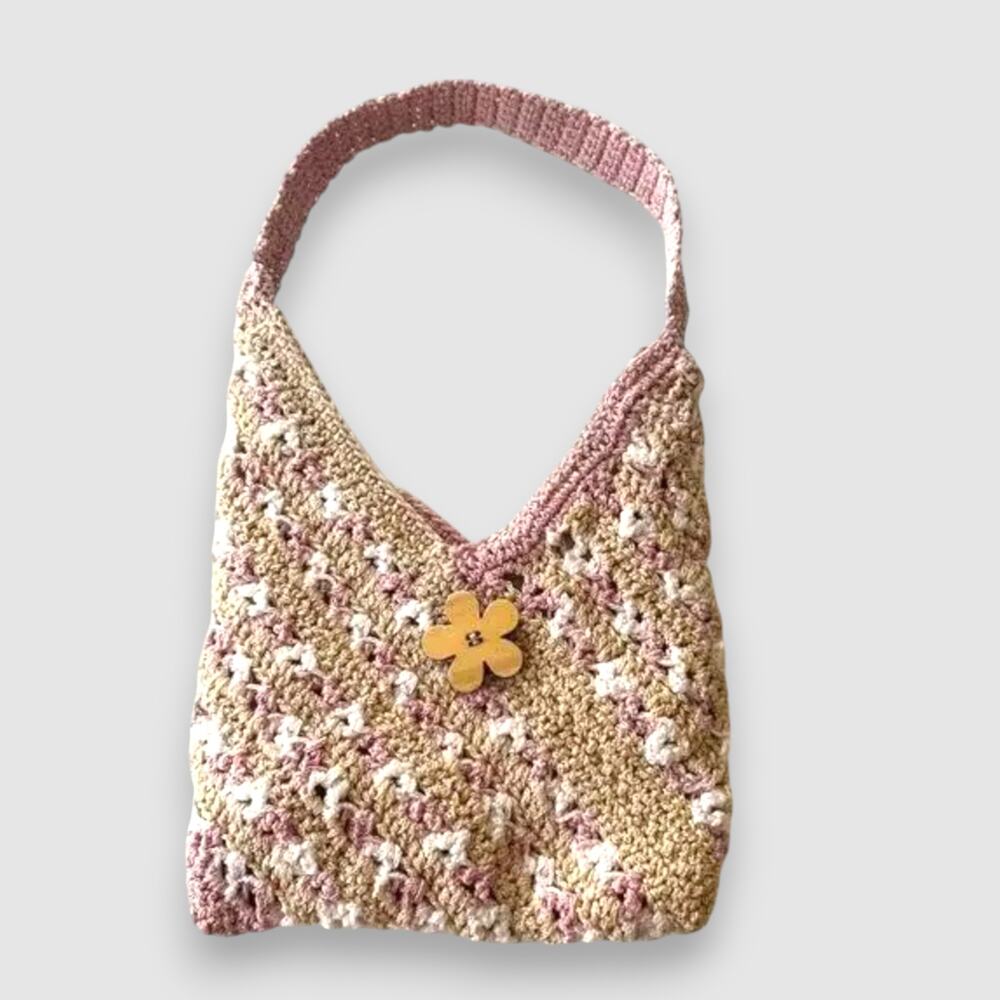 Crochet Pink Micro Bag Wooden Boho Flower